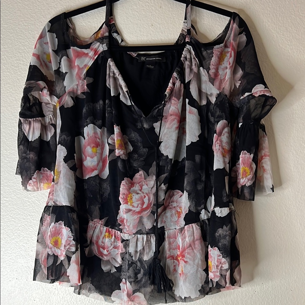 INC International Concepts Ruffled Tie Front Blouse in Black and Pink